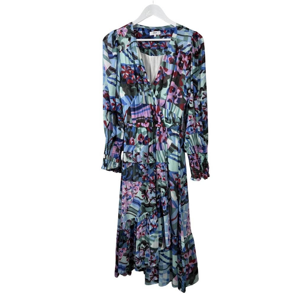 Suncoo Paris Abstract Floral Tiered Midi Wrap Dress Blue Multi Size T1 Small